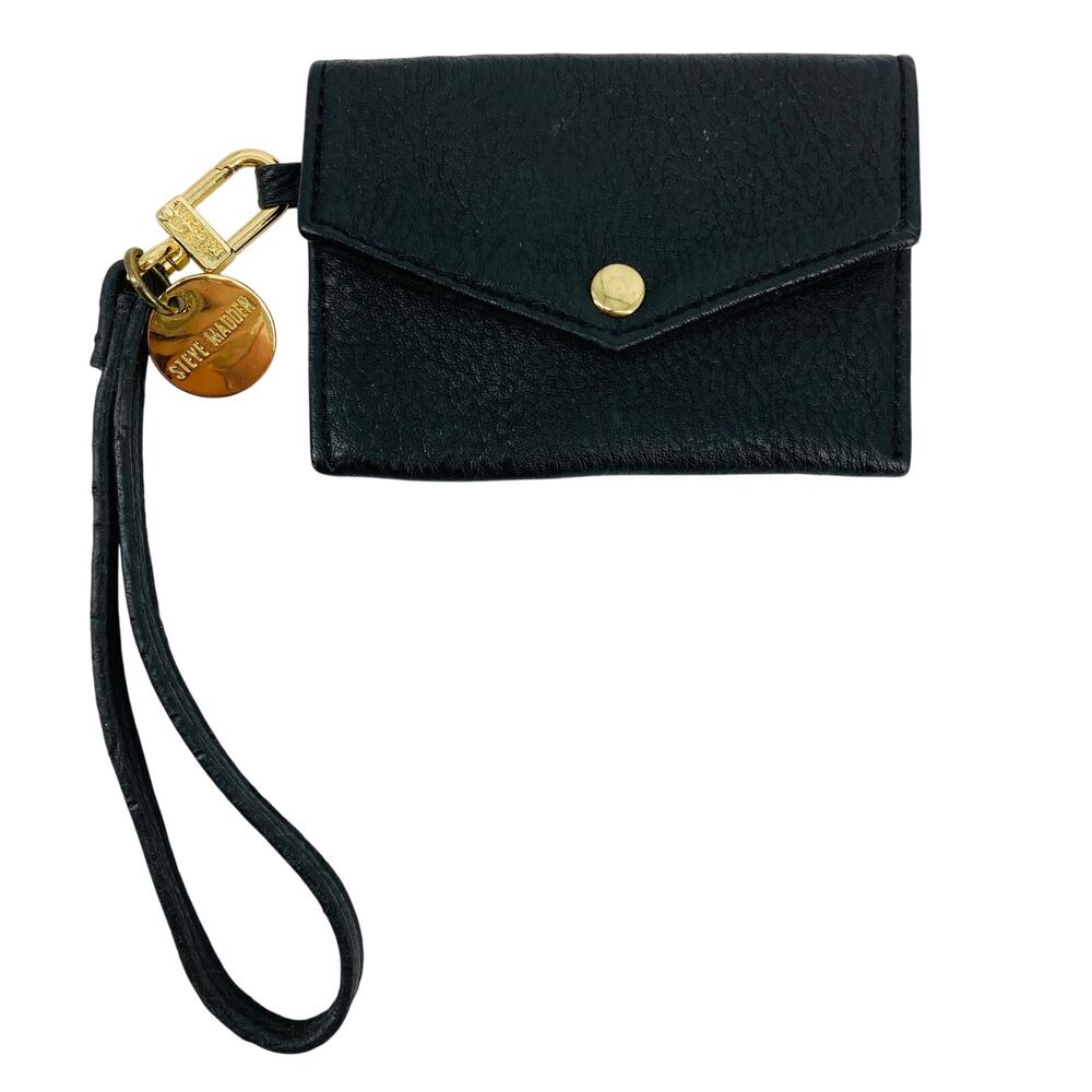 Steve Madden Small Black Wallet Wristlet ID Holder Gold Logo Charm